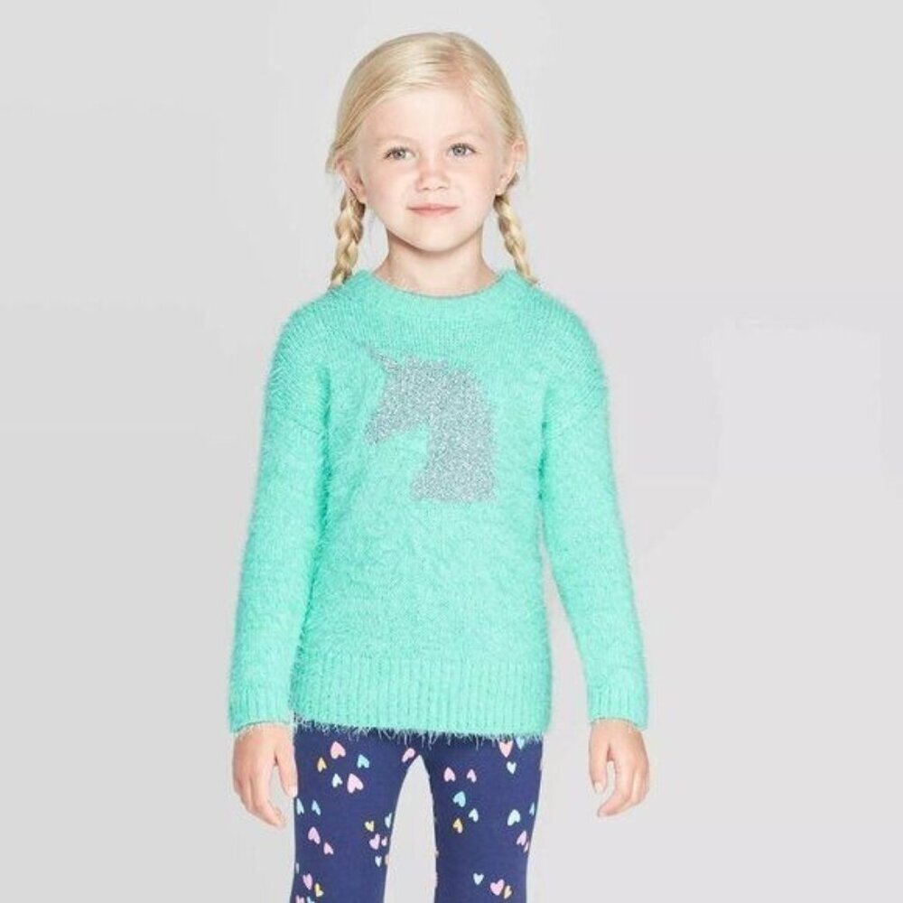 Cat & Jack Girls Unicorn Sweater Fuzzy Knit Pullover 12M Toddler